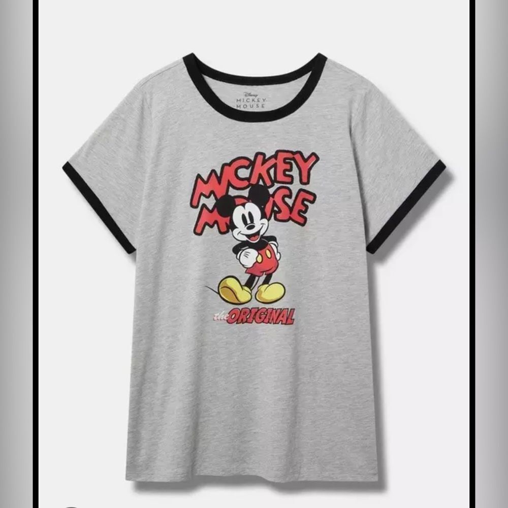 Torrid Mickey Mouse Graphic Cotton Ringer Tee Classic Fit Gray Black
